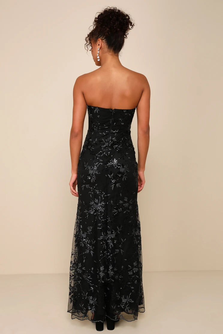 Women Sexy Black Maxi Strapless Bustier Sequin Mermaid Dress