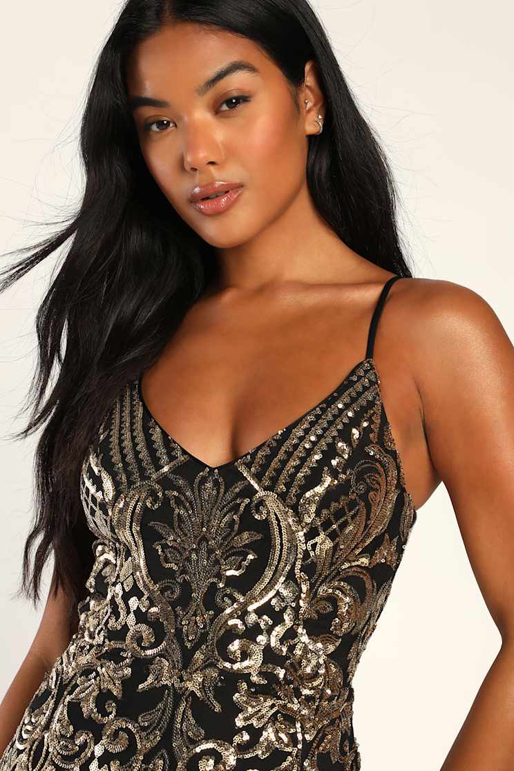 Women Sexy Black and Gold Sequin Dress Mermaid Maxi Dress