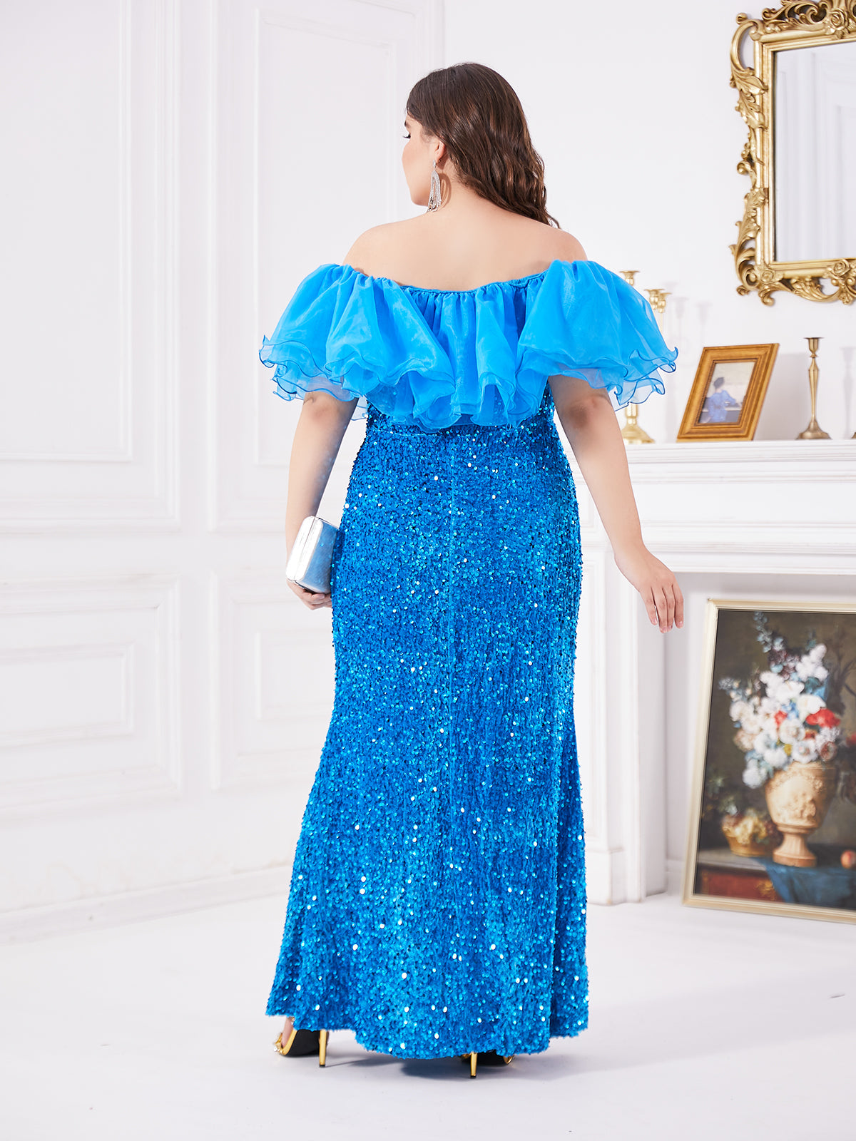 Blue one shoulder chiffon ruffle edge and sequin spliced fish tail dress