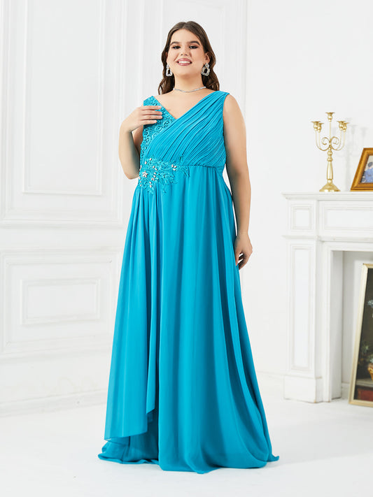 Blue applique beaded chiffon sleeveless dress for plus size women's clothing