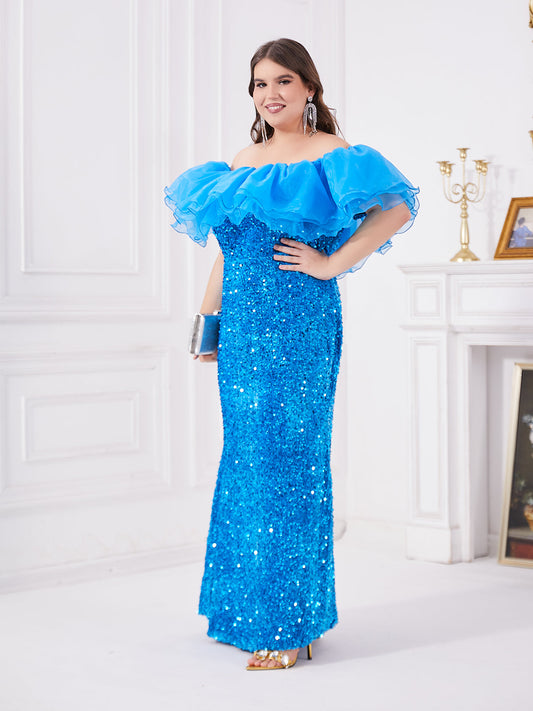 Blue one shoulder chiffon ruffle edge and sequin spliced fish tail dress