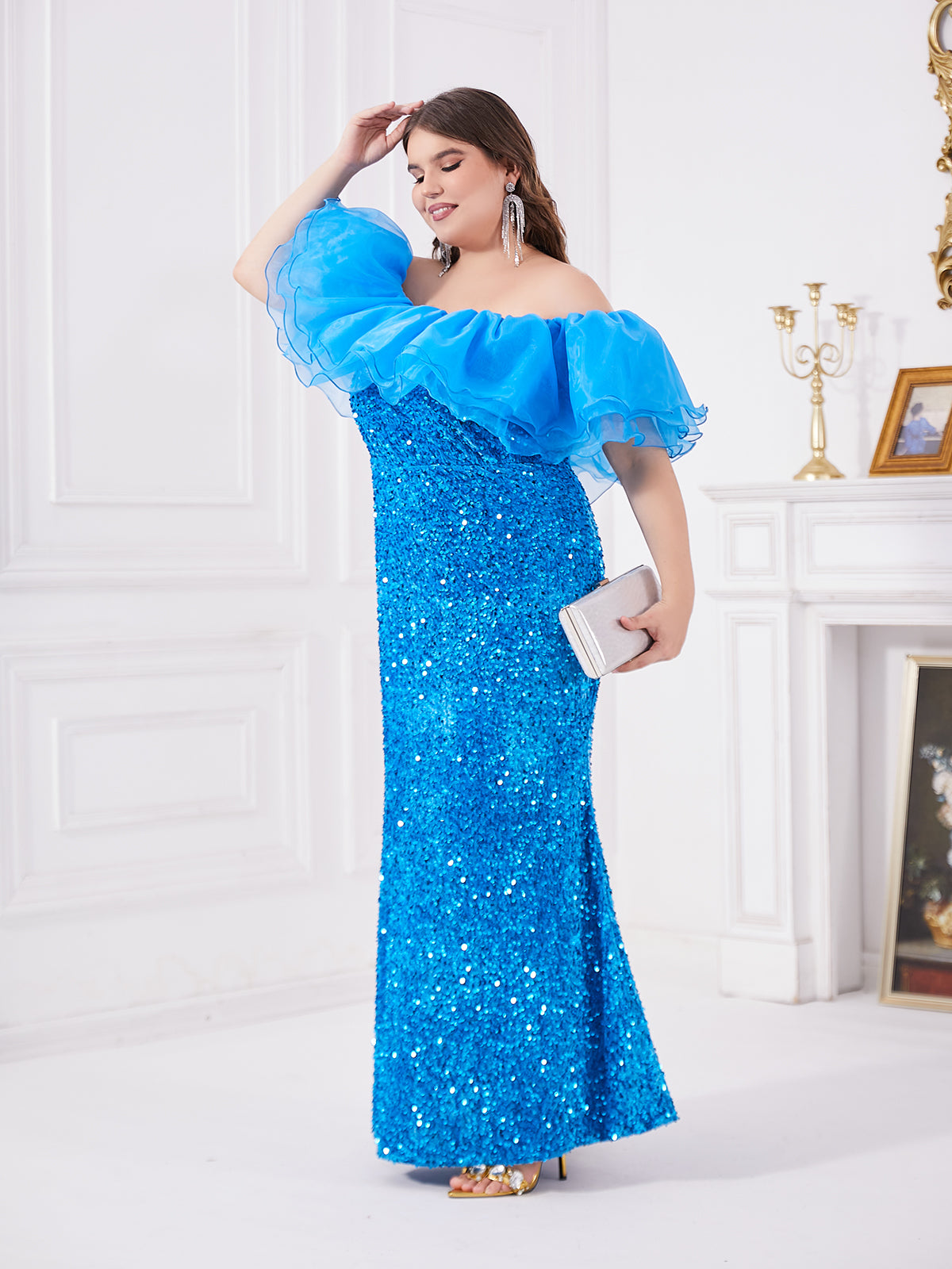 Blue one shoulder chiffon ruffle edge and sequin spliced fish tail dress