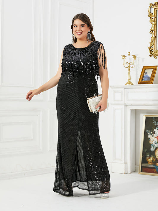 Black tassel sequin party dress plus women's clothing sleeveless dress