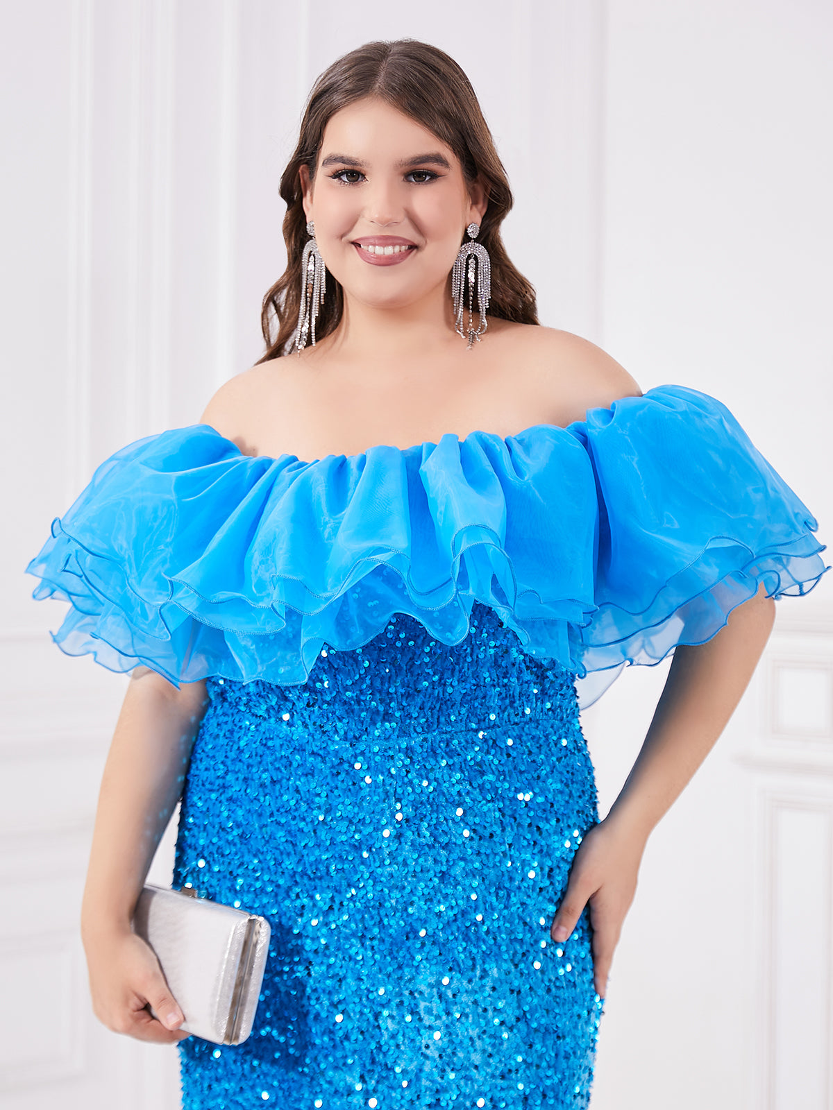 Blue one shoulder chiffon ruffle edge and sequin spliced fish tail dress