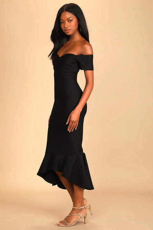 Black Midi Dress Trumpet Off-the-Shoulder Dress
