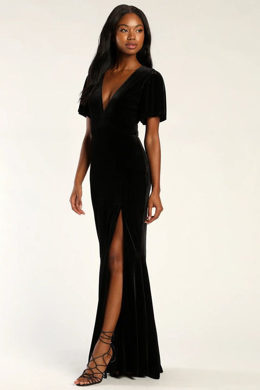 Women Sexy Black Velvet Dress Trumpet Maxi Dress Formal Gown
