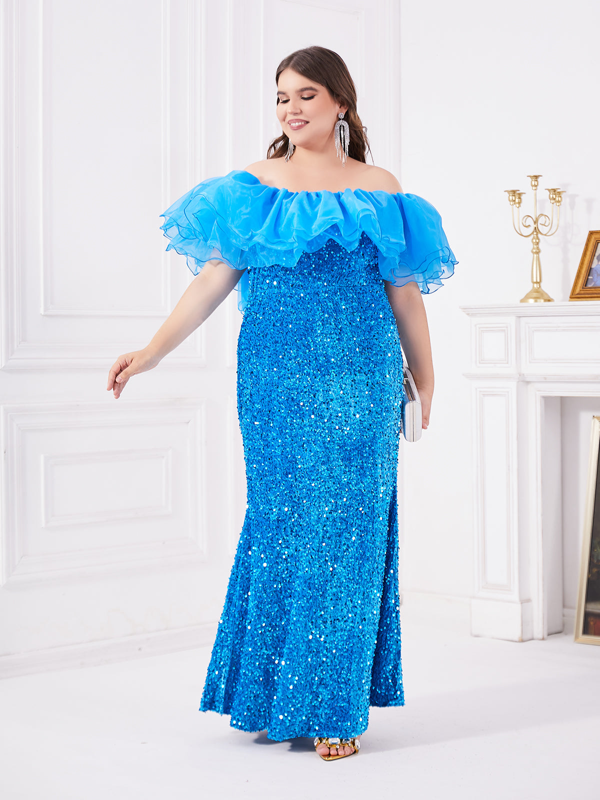 Blue one shoulder chiffon ruffle edge and sequin spliced fish tail dress