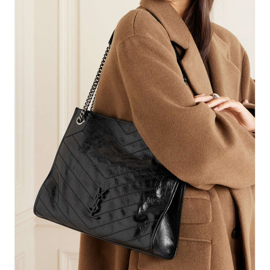 SAINT LAURENT YSL Shopper Tote Bag in Crinkled Leather