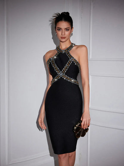Halter neck Rhinestone Women Sexy Bandage Midi Dress