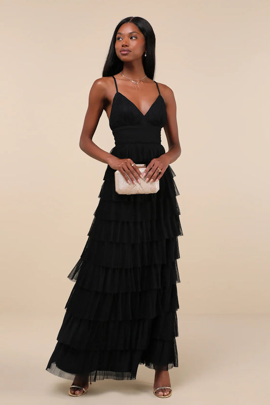 Women Sexy Black Mesh Dress Tiered Maxi Backless Dress