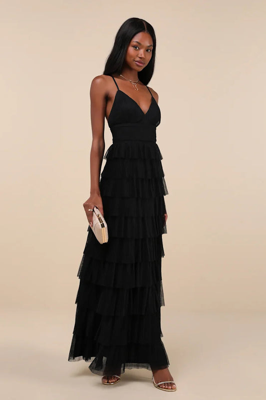 Women Sexy Black Mesh Dress Tiered Maxi Backless Dress