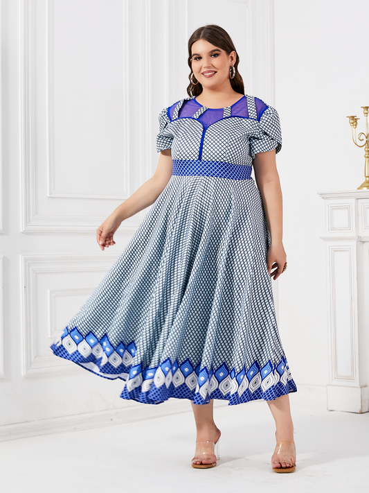 Blue checkered maxi large hem midi dress A-line fashionable plus size