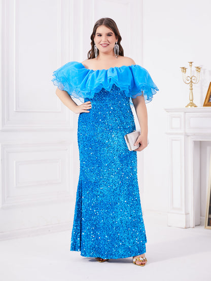 Blue one shoulder chiffon ruffle edge and sequin spliced fish tail dress