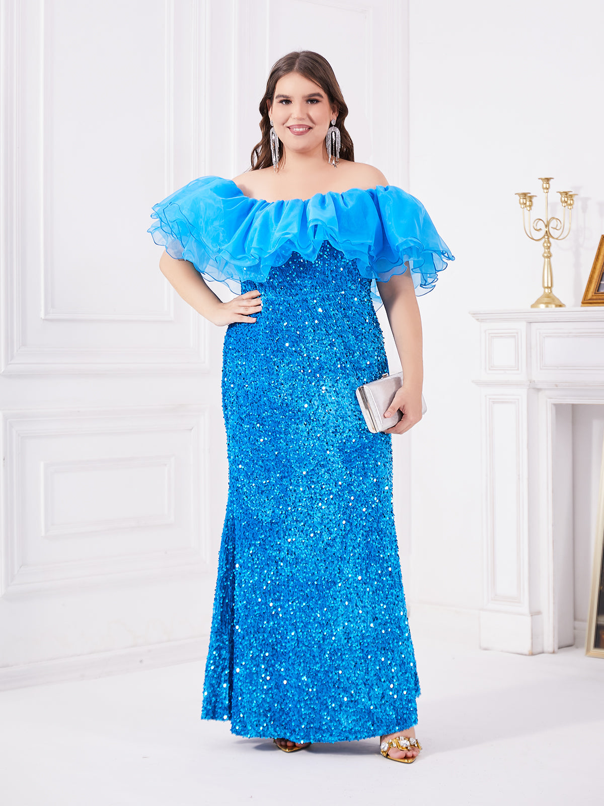 Blue one shoulder chiffon ruffle edge and sequin spliced fish tail dress