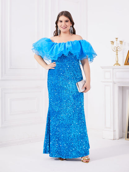 Blue one shoulder chiffon ruffle edge and sequin spliced fish tail dress