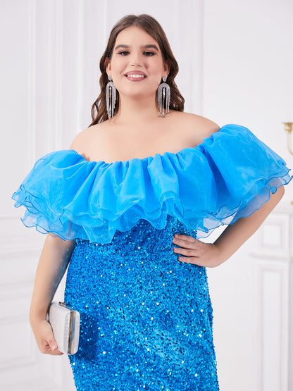 Blue one shoulder chiffon ruffle edge and sequin spliced fish tail dress