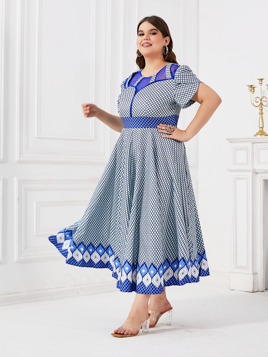 Blue checkered maxi large hem midi dress A-line fashionable plus size