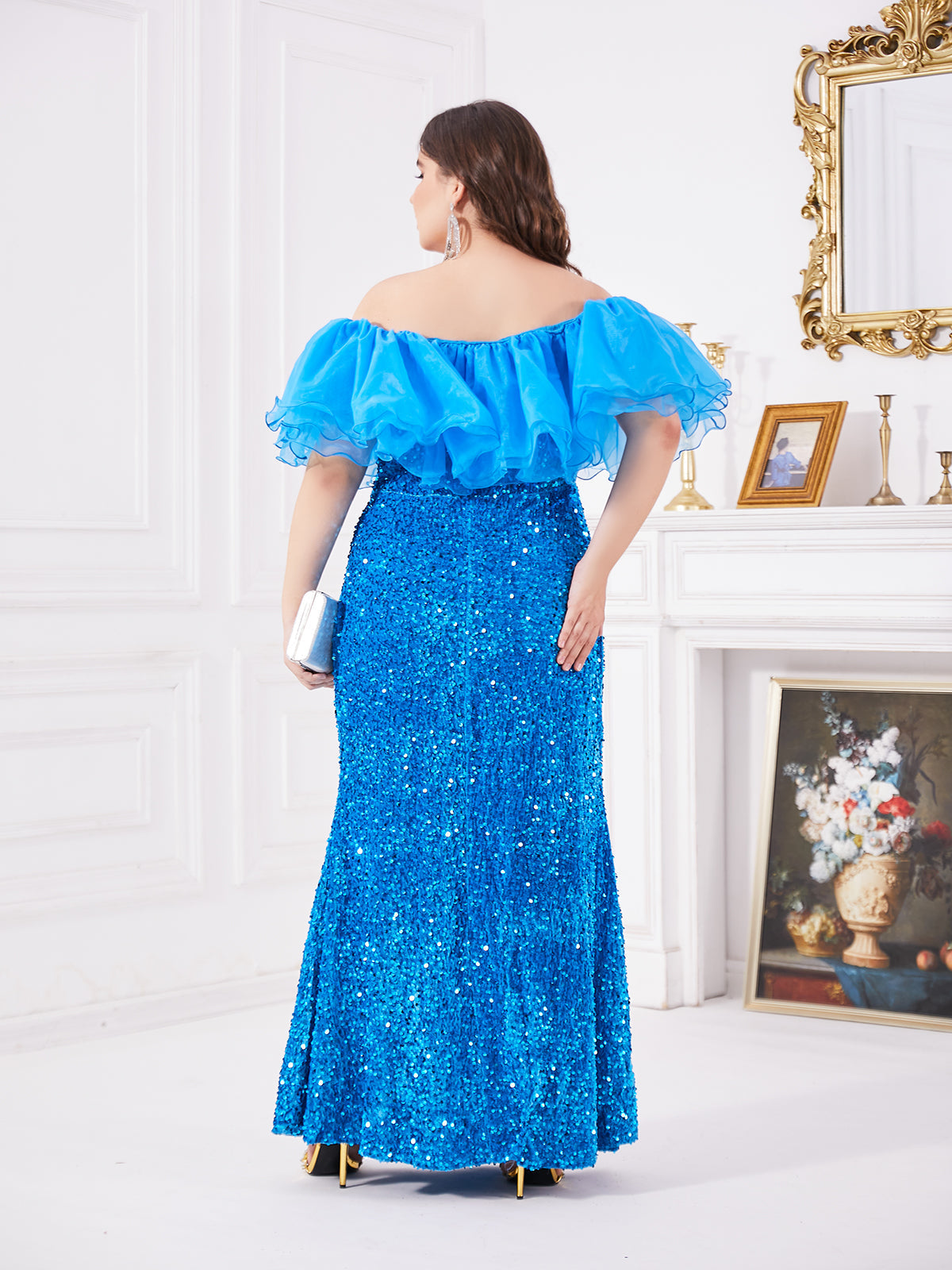 Blue one shoulder chiffon ruffle edge and sequin spliced fish tail dress