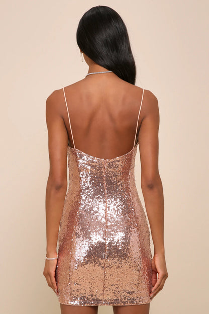 Women Sexy Rose Gold Bodycon Mini Dress Sequin Dress