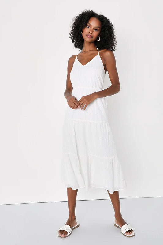 Women White Swiss Dot Dress  Lurex Halter Midi Dress