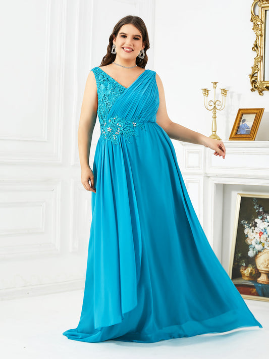 Blue applique beaded chiffon sleeveless dress for plus size women's clothing